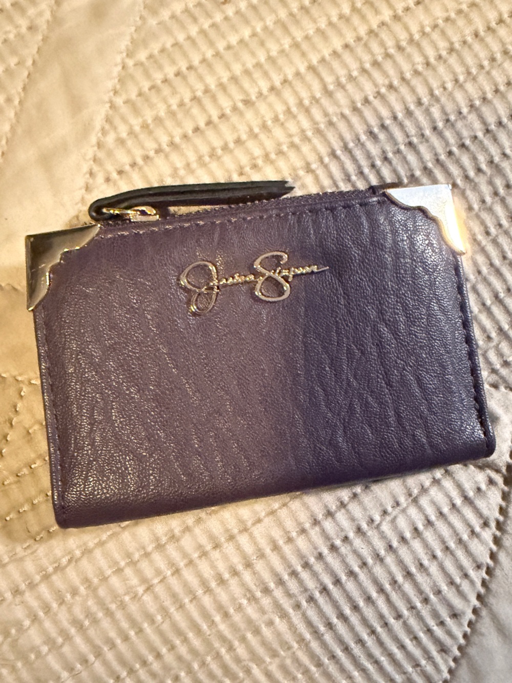 Jessica Simpson Purple Leather Zip Wallet with Gold Accents